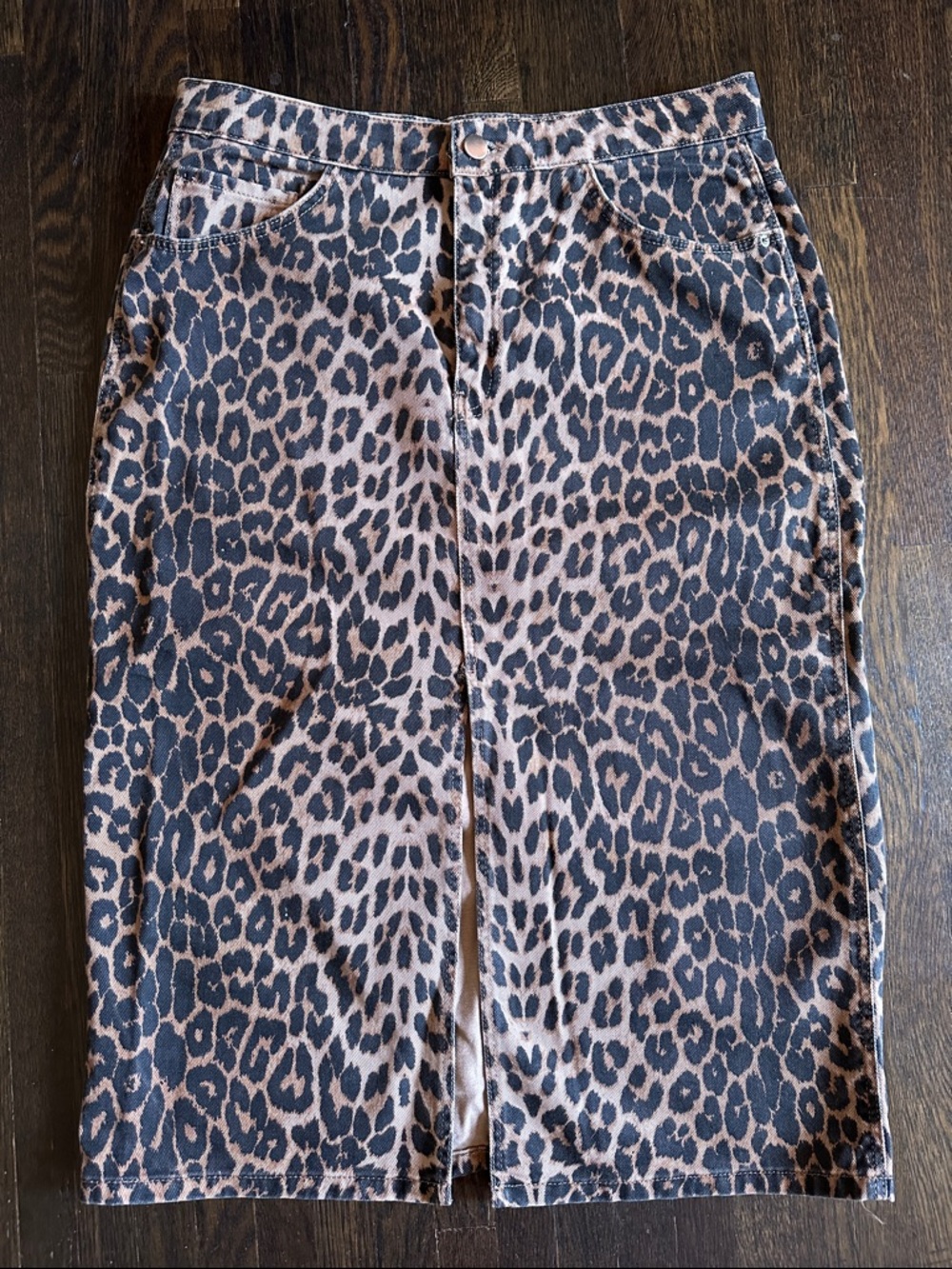 Zara Leopard Print Midi Skirt with Front Slit in Black and Beige Size Large